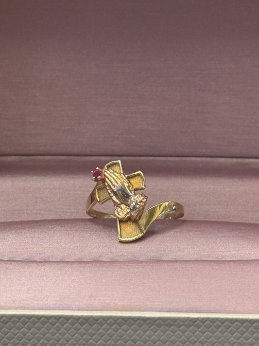 14k Cross with Prayer Hands Ring