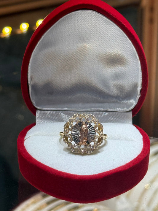 14k Flower Design Round Virgencita Ring